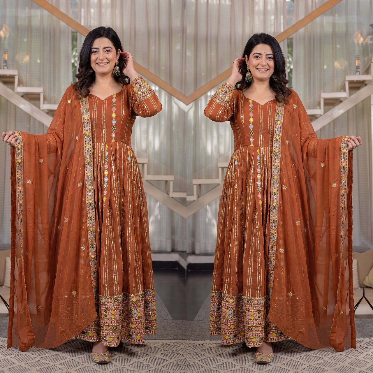 Radiant Rust Orange Flared Anarkali Suit Set Adorned with Multicolored Geometric Embroidery and Dazzling Mirror Work Detailing